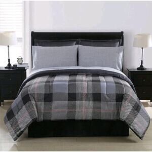 Vtg Sears Colormate Queen 8 Piece Bed In Bag Set YORK Plaid Red Gray Black NEW